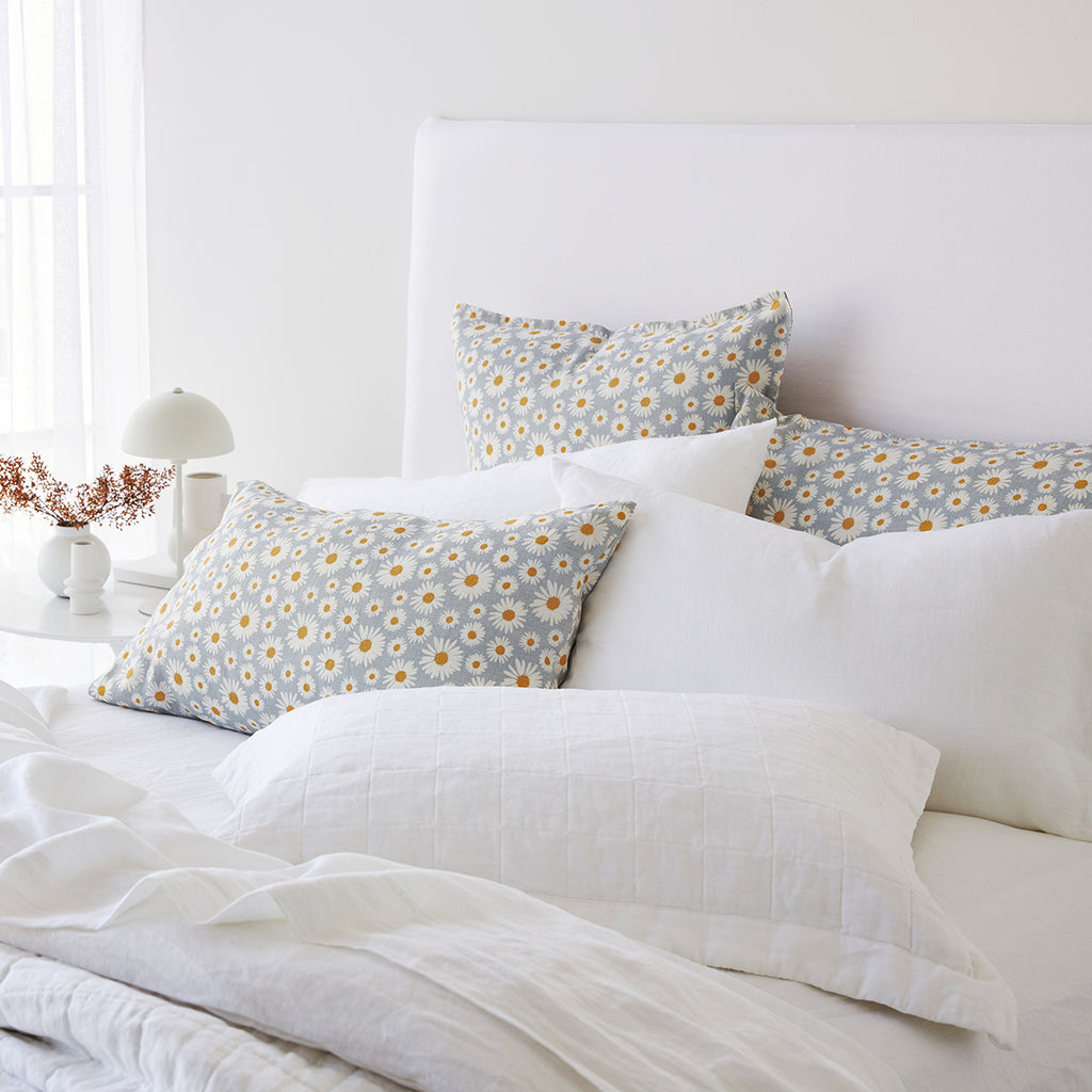 Pure Linen Daisy Printed Euro Pillowcase Each - Sky