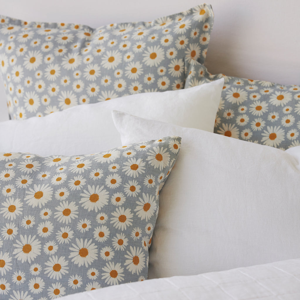 Pure Linen Daisy Printed Euro Pillowcase Each - Sky