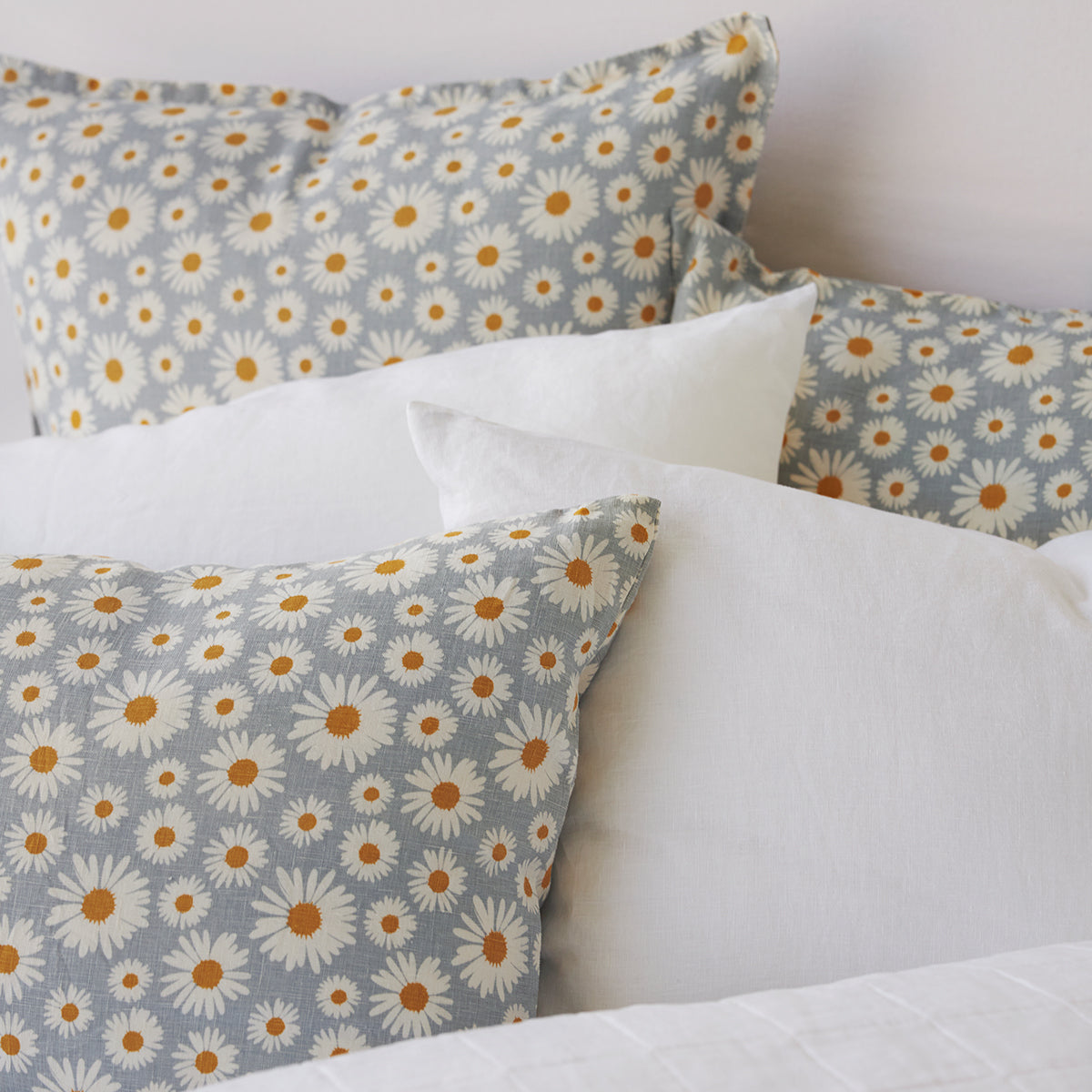 Pure Linen Daisy Printed Euro Pillowcase Each - Sky