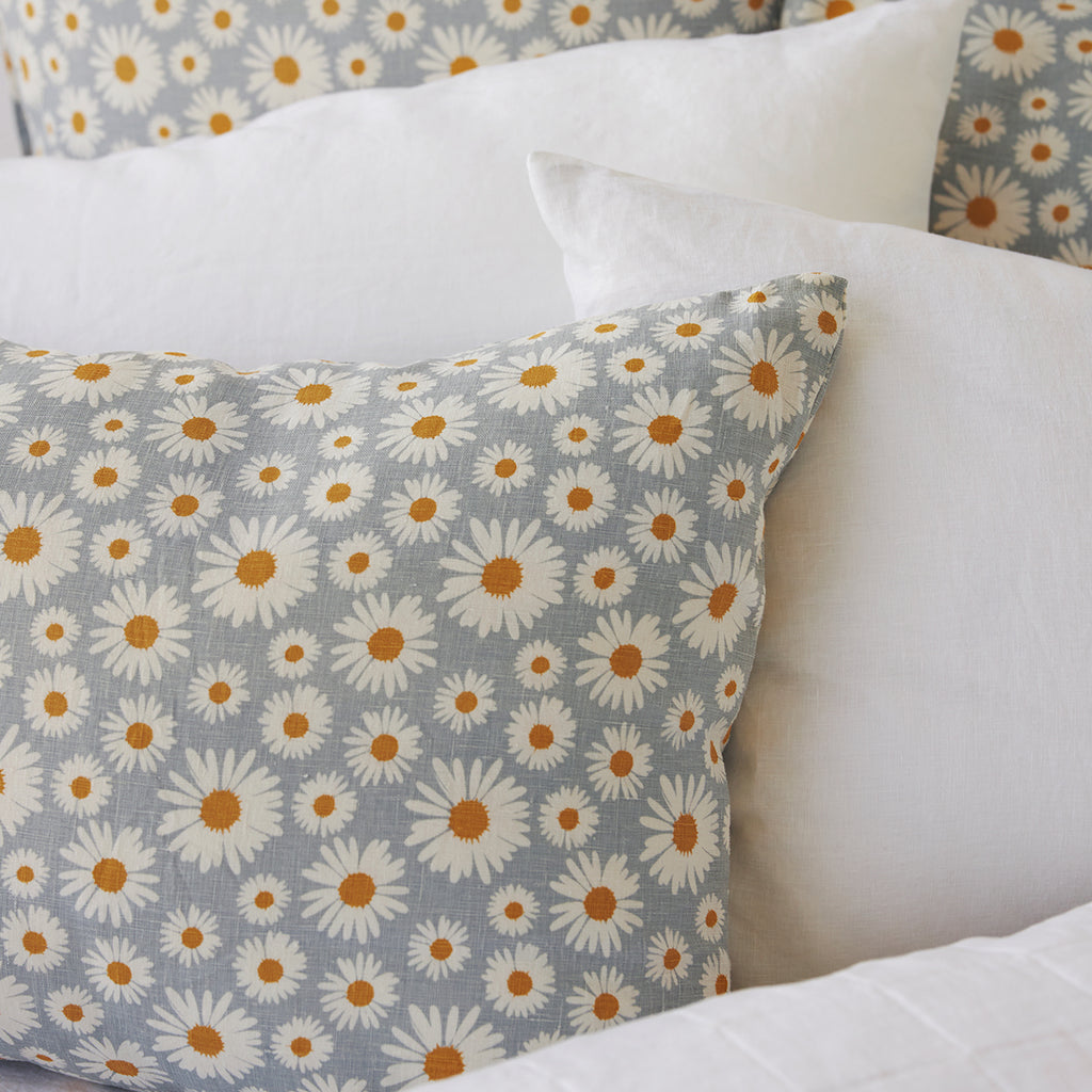 Pure Linen Daisy Printed Euro Pillowcase Each - Sky
