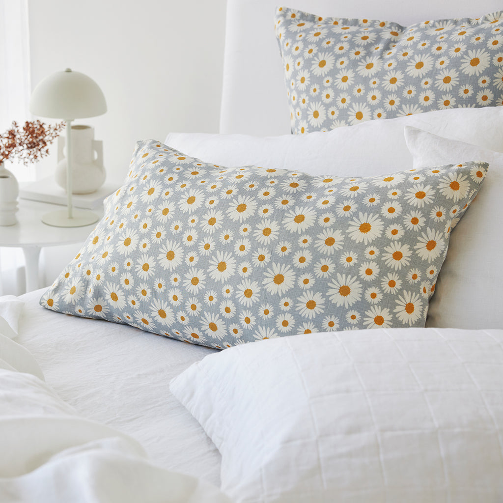 Pure Linen Daisy Printed Euro Pillowcase Each - Sky