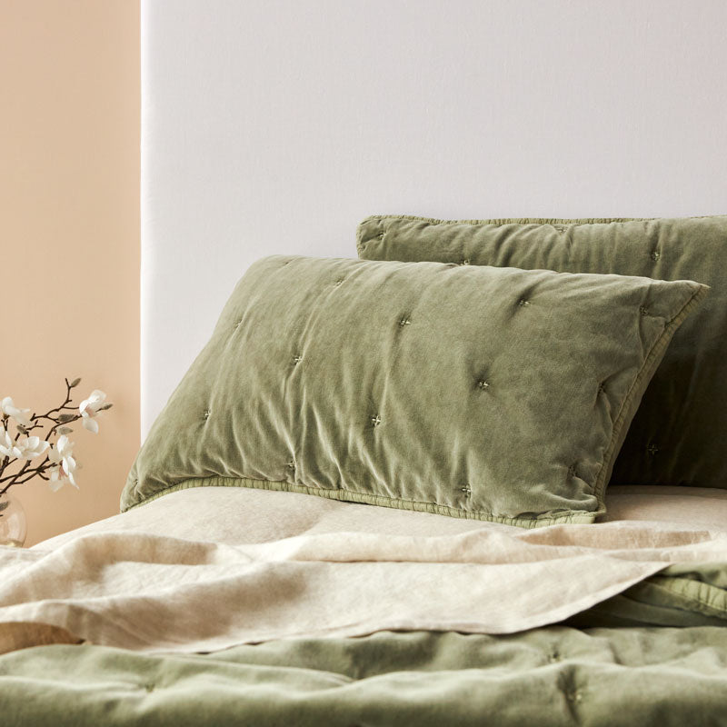 Venus Cotton Velvet Quilted Pillowcase Pair - Olive