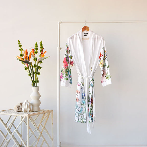 Bamboo Cotton Printed Bianca Bathrobe-White