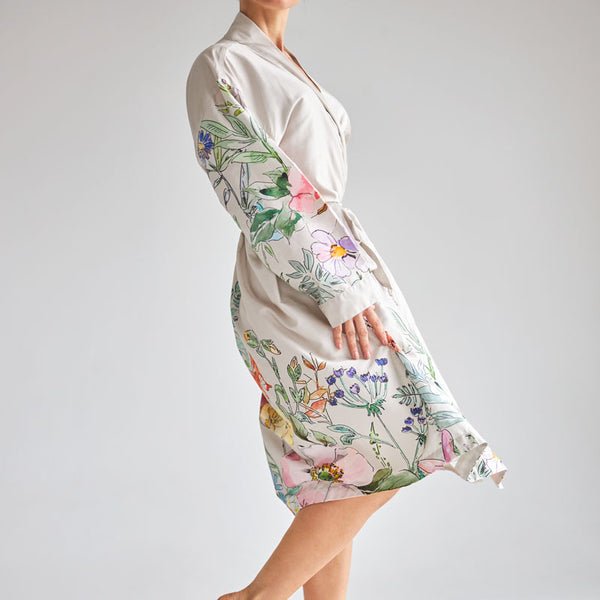 Bamboo Cotton Printed Bianca Bathrobe-Natural