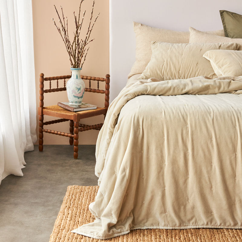Venus Cotton Velvet Quilted Pillowcase Pair - Natural  CLEARANCE