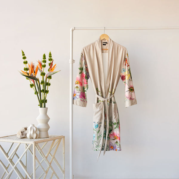 Bamboo Cotton Printed Bianca Bathrobe-Natural