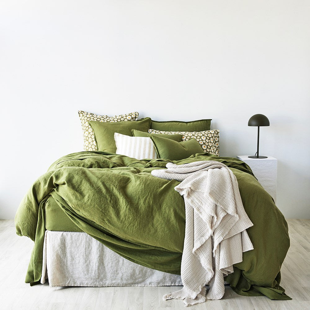 Pure Linen Daisy Pillowcase Pair - Dark Green
