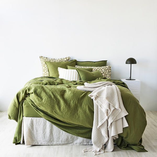 Pure Linen Daisy Pillowcase Pair - Dark Green