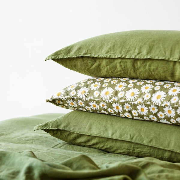 Pure Linen Daisy Pillowcase Pair - Dark Green