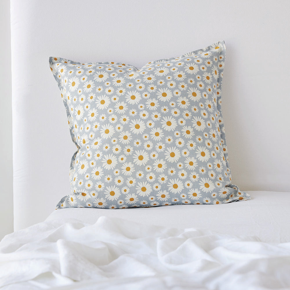 Pure Linen Daisy Printed Euro Pillowcase Each - Sky