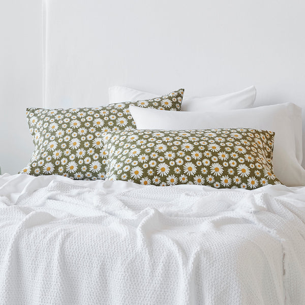 Pure Linen Daisy Pillowcase Pair - Dark Green