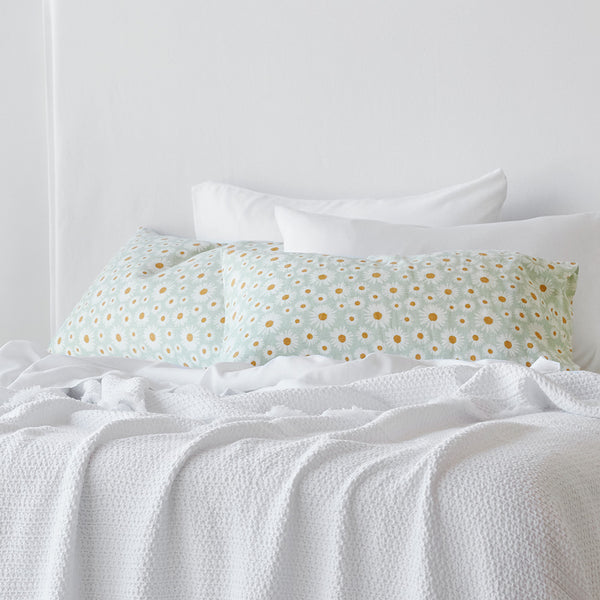 Pure Linen Daisy Pillowcase Pair - Sage