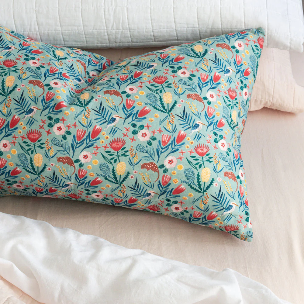 Pure Linen Kookaburra Printed Pillowcase Pair - Teal Standard