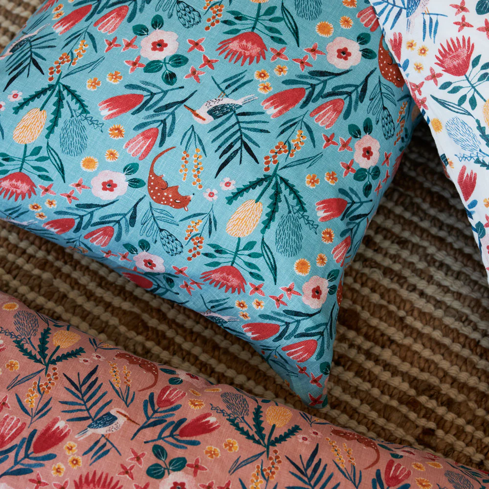 Pure Linen Kookaburra Printed Pillowcase Pair - Teal Standard